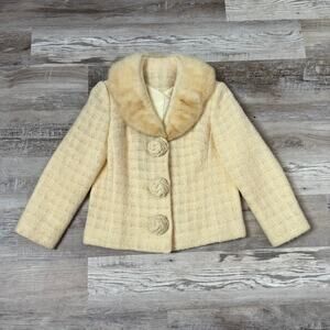 Vintage Cream Tweed Jacket Mink Fur Collar Cropped Coat Classic Luxe Small